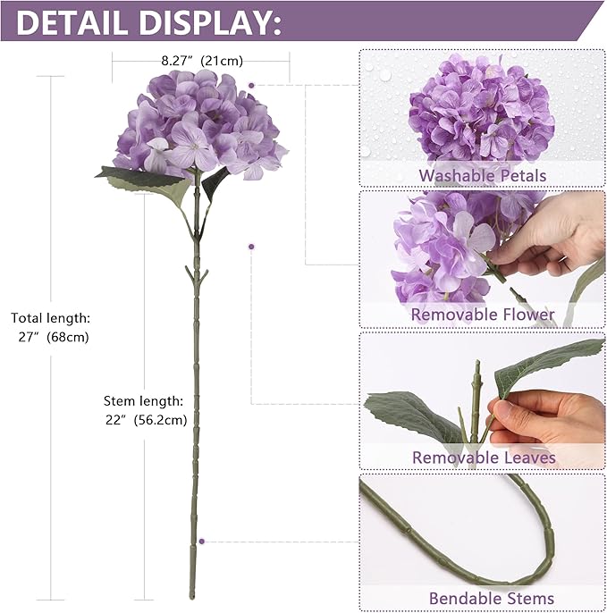 4 Pcs Long Stem Big Size Artificial Hydrangea Flowers for Home Wedding Decor, Party Centerpieces, Office Decoration,Shower (Violet Purple)