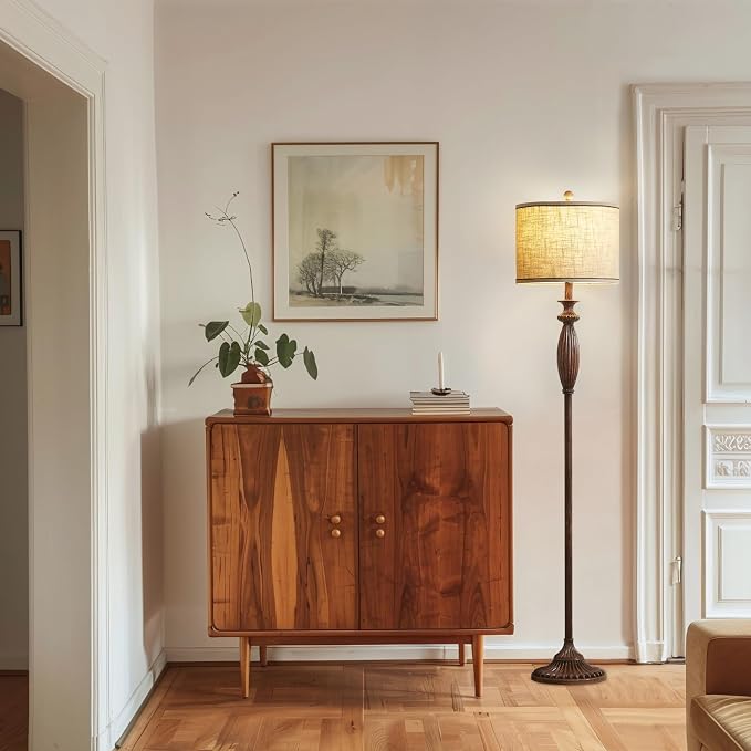63.8" Vintage Floor Lamp with Rotary Switch, Dimmable Color Temperature Standing Lamp, Retro Farmhouse Floor Lamps for Living Room, Bedroom, Hallway, Office, Room Decor, Dark Wood Grain, Bulb Included