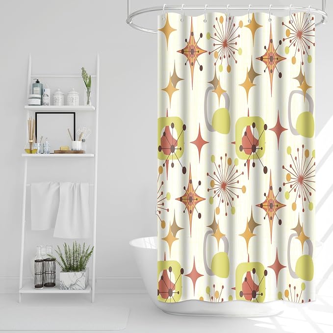 Mid Century Shower Curtain, 36x72inch, Modern Abstract Retro Yellow Striped Geometric Shower Curtain Sets 1950s Boho Bathroom Shower Curtain with 6 Hooks