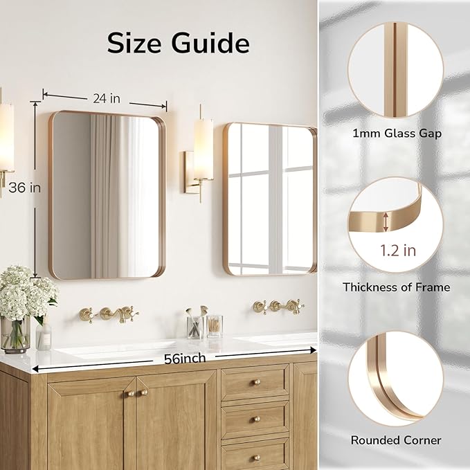 USHOWER Gold Bathroom Mirrors 24"x36" 2 Pack, Brushed Champagne Gold Rectangle Mirrors for Over Sink, Aluminum Frame, Anti-Rust, Tempered Glass, Horizontal or Vertical Mounted