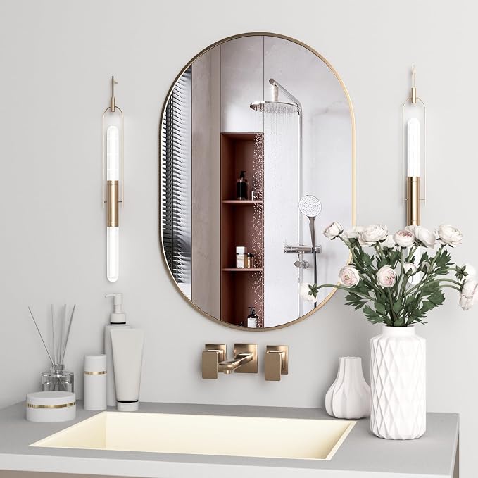 Oval Bathroom Mirror Capsule Wall Vanity Mirror, 20"x30" Pill Mirrors Wall Mounted Mirror, Large Modern Mirror with Gold Metal Frame, Decor for Entryway, Bedroom, Living Room
