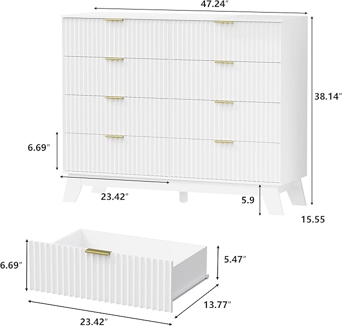Fluted Dresser for Bedroom, 8 Drawer Dressers & Chest of Drawers, Mid Century Modern Dresser for Closet Boho Bedroom Furniture, Nature Wood Chest of Drawers Storage Organizer for Living Room, White