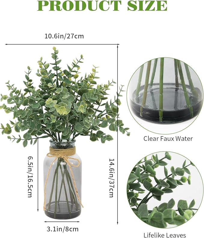Eucalyptus Stems in Glass Vase with Faux Water, 14" Eucalyptus Fake Plants for Home Bathroom Office Kitchen Farmhouse Shelf Centerpiece Coffee Table Decor(Gray Vase)