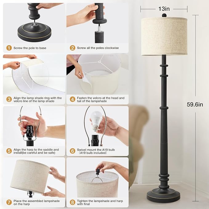 Floor Lamps for Living Room - 60" Resin Farmhouse Floor Lamp with Adjustable Color Temperatures - Vintage Standing Lamp Reading Light with Linen Shade Retro Tall Lamp for Bedroom Office, Black