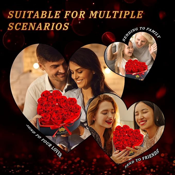 Forever Red Roses in a Heart Shaped Box 16 Preserved Flowers for Delivery 100% Real Quality Immortal Flower Eternal Birthday Graduation Gifts Home Deco for Her Mom Women Wife Girlfriend (Heart-Red)