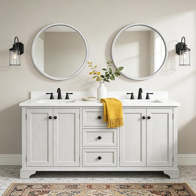 WallBeyond 28 Inch Round Wood Mirror, Large Circle Wooden Frame Wall Mirror for Bathroom, Living Room, Bedroom, Entryway (White)