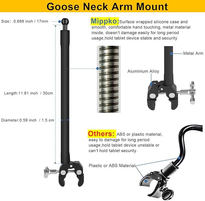 Mippko Tablet Holder for Treadmill/Elliptical/Spin Bike/Peloton/Indoor Cycle,Gooseneck Arm Super Crab Clamp Mount Compitable with 4.7~12.9" iPad/Nexus/LG G Pads/e-Reader/Switch/iPhone