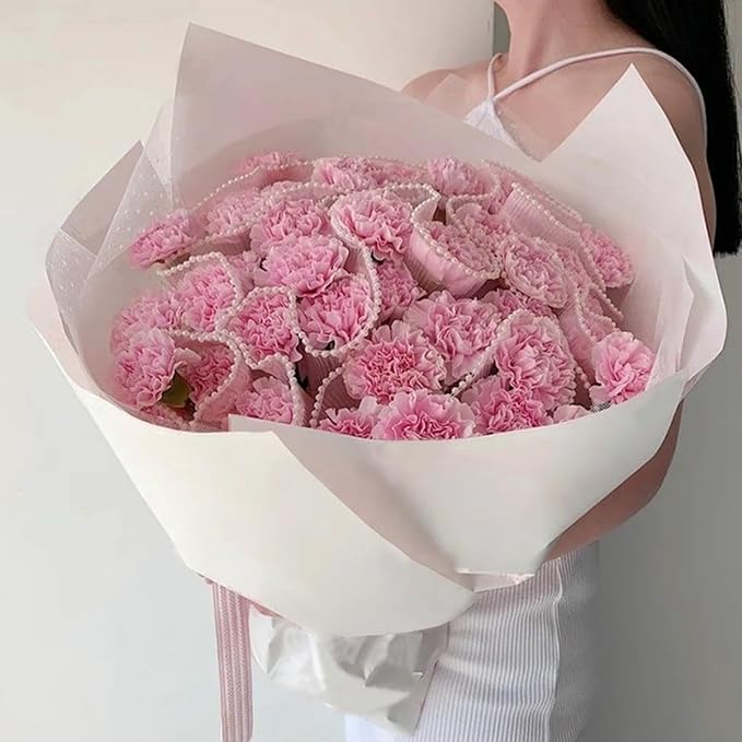 KIMOBER 4.3 Yards Pink Flower Wrapping Mesh Paper,Pearl Edge Wrinkled Wavy Net Yarn Flower Wrapping Mesh Paper for Valentine's Day Mother's Day Wedding Florist Supplies(Pink)