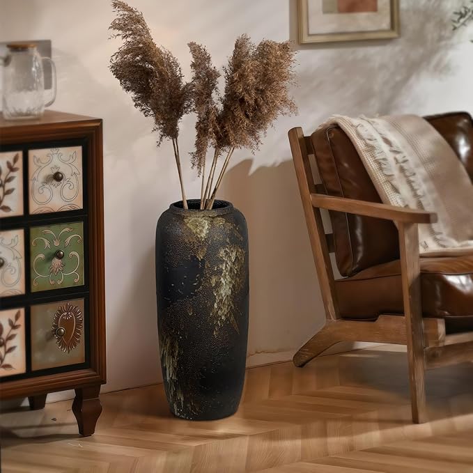Black Rustic Ceramic Tall Floor Vase, 19.7 Inch Vintage Large Farmhouse Vase Pottery Clay Terracotta Rustic Vases for Home Decor Living Room Entryway Table Centerpieces,Kitchen,Housewarming Gifts