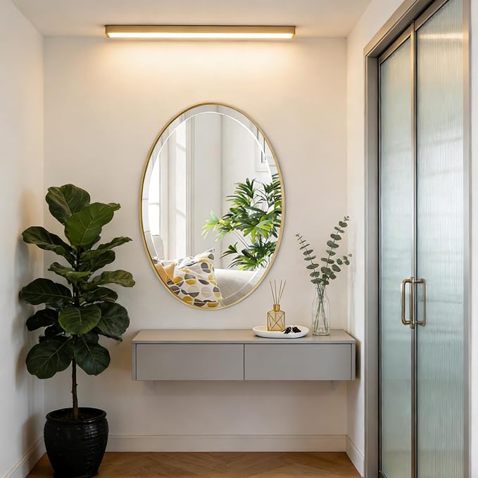 POZINO Oval Beveled Mirrors, 22"x30" Brush Gold Bathroom Vanity Mirror for Over Sink, Stainless Steel Frame Mirrors Modern Wall Mirror for Living Room Bedroom Entryway, Horizontal Or Vertical ﻿