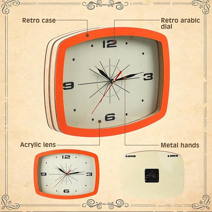 2 Pcs Retro Wall Clock ModernMid Century Decoration Silent Non Ticking Blue Orange 10 Inch Rectangular Retro Clock Battery Operated Vintage Wall Art for Living Room Office Kitchen Bedroom