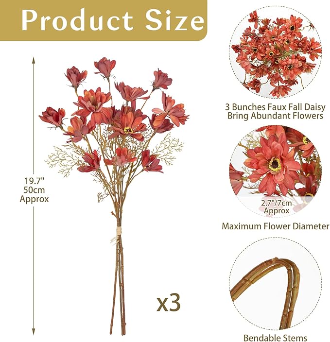 3 Bunches Artificial Daisy Flowers Bouquets for Fall Decor, 20" Faux Chrysanthemums Wildflowers for Autumn Thanksgiving Centerpiece, Silk Flowers Mums for Calliopsis Floral Arrangements, Light Red