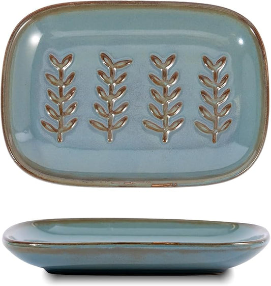 HighHerz Aesthetic Ceramic Soap Dish for Shower, Soap Holder with Raised Relief, Shower Soap Dish for Shampoo Bar Or Sponge, Soap Saver for Bathroom, Kitchen, Sink, Decorative Soap Tray (Blue)