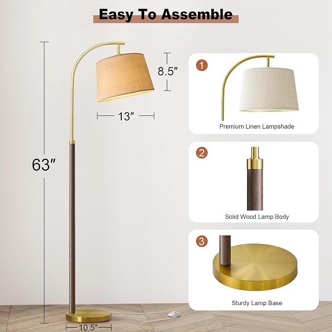 G-SAFAVA 63" Wood Floor Lamps for Living Room with Foot Switch Arc Tall Standing Lamp for Bedroom Mid Century Modern Corner Gold Floor Lamps for Office Nursery Industrial Reading Lamp, Walnut Brown