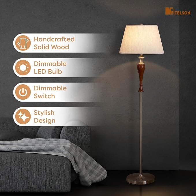 Floor Lamp, Mid Century Lamp with Fabric Shade, Modern Standing Lamp with Dimmer Switch and Bulb for Living Room, Rustic Retro Tall Lamp for Bedroom and Office, Home Décor