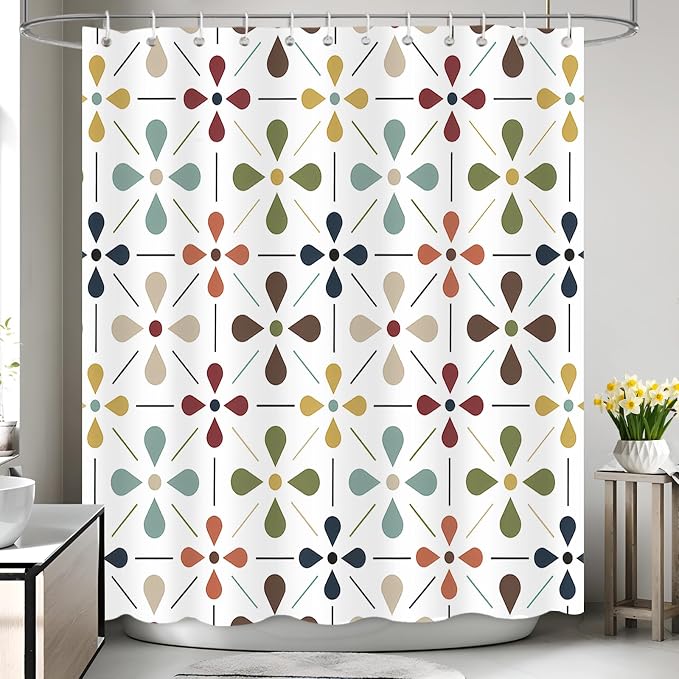 APROPHIC Mid Century Retro Shower Curtain 72x72 Inches, Vintage Geometric Pattern Bathroom Curtain with Hooks, Waterproof Polyester Fabric for Bath Shower, Machine Washable Home Decor for Bath, White
