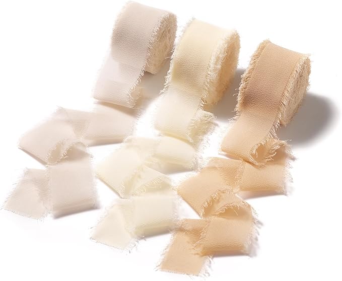 DORIS HOME Nude and Ivory Chiffon Ribbon for Flower Bouquet, 1" x21Yd Fabric Ribbon for Gift Wrapping, Handmade Frayed Ribbon for Wedding Invitations/Christmas Decorations