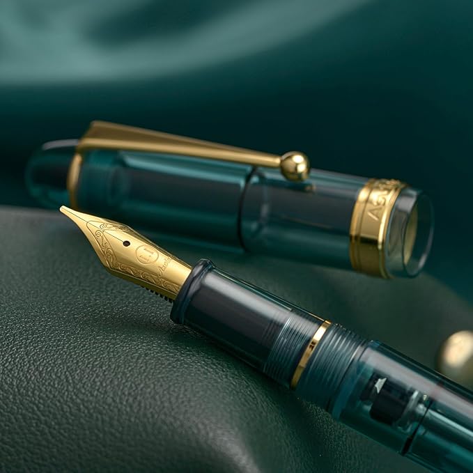 Asvine V126 Vacuum Filling Fountain Pen, Transparent Teal Acrylic Stub Nib 1.1mm Calligraphy Art Drawing with Case Set