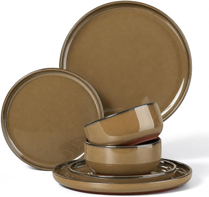E-far Stoneware Dinnerware Sets for 2, 6 Pieces Reactive Glaze Plates and Bowls Sets, Elegant Dishes with Rustic Terracotta Base, Dishwasher & Microwave Safe, Scratch Resistant, Deep Camel