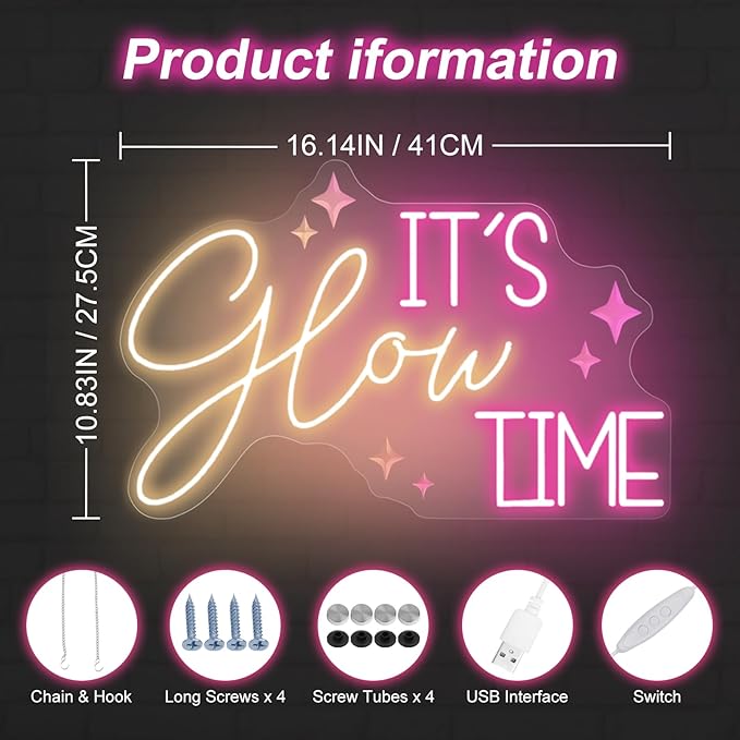 It's Glow Time Neon Sign For Wall Art Decor, Botox Neon Light, Aesthetic Cowgirls Wall Decor, Beauty Salon, Hair Salon Nails Wax Lash Beauty Decoration Wall Neon Sign Aesthetic, Celebrate Party