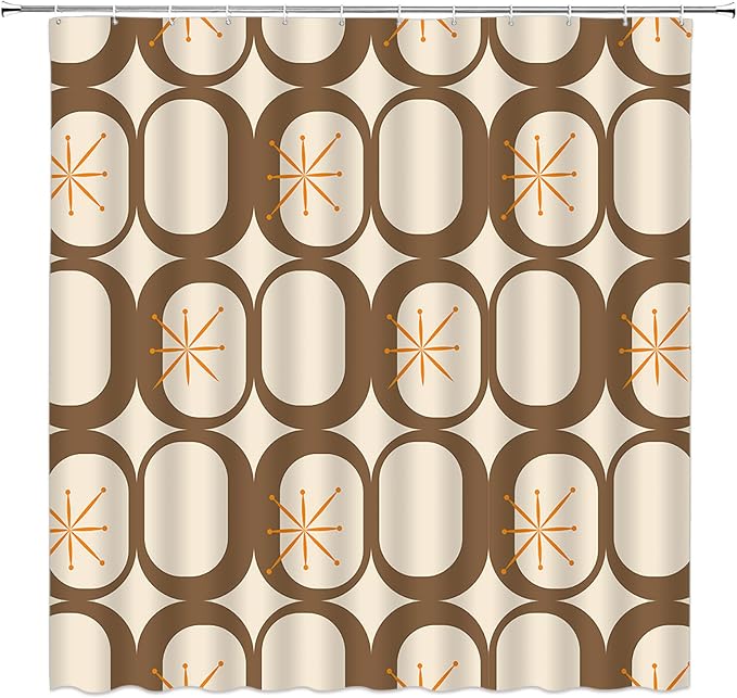 Mid Century Shower Curtain Modern Abstract Atomic Starbursts Squares Retro 50s Geometric Bathroom Decor Polyester Curtains with Hooks