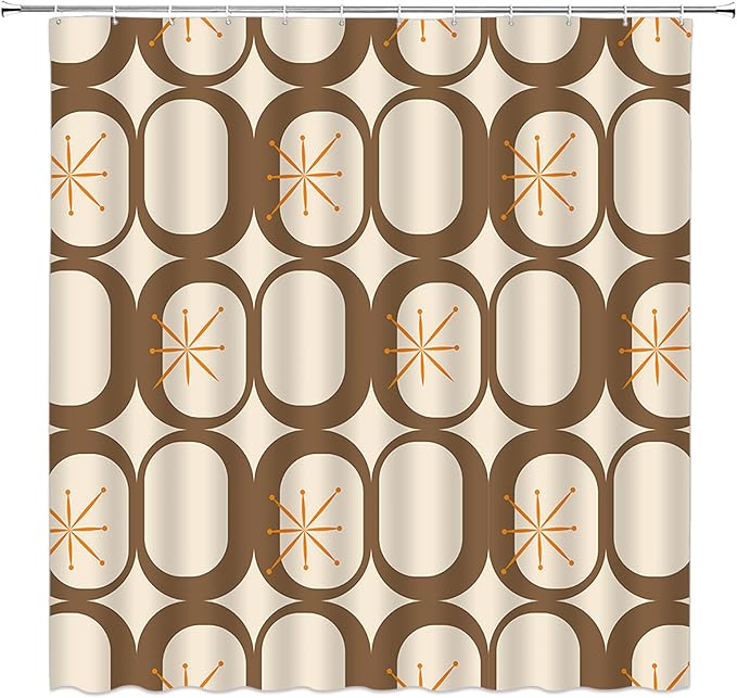 Mid Century Shower Curtain Modern Abstract Atomic Starbursts Squares Retro 50s Geometric Bathroom Decor Polyester Curtains with Hooks