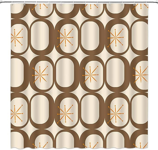 Mid Century Modern Shower Curtain Abstract Atomic Geometric Round Squares Retro 50s Brown Fabric Curtain with Hooks for Bathroom Decor,70x70 Inch