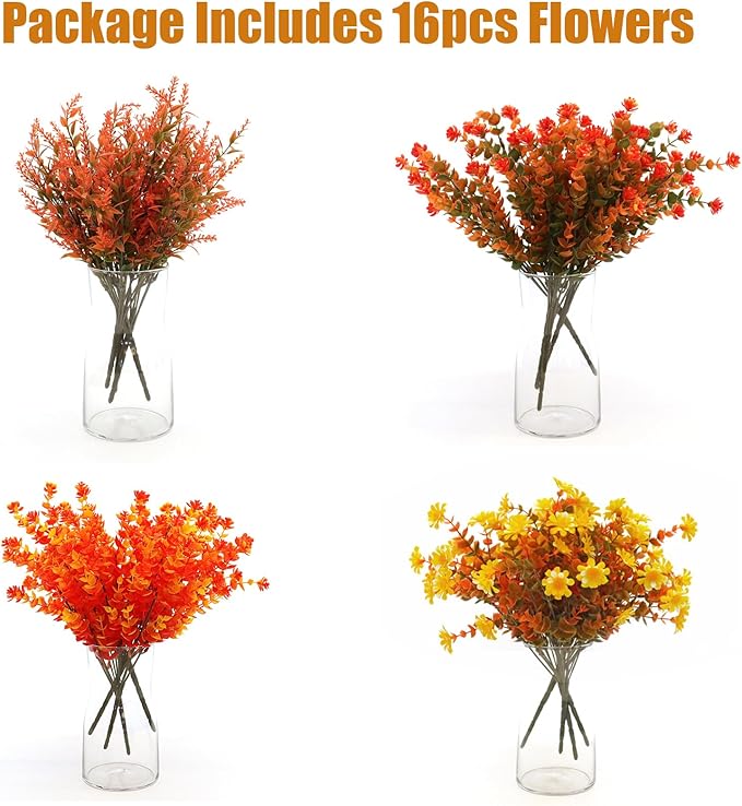 16 Bundles Artificial Plants Outdoor Fake Fall Flowers Mums for Garden Decor for Window Garden Office Patio Hanging Planter Pathway Front Porch (Mixed)