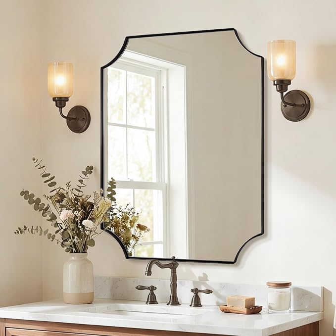 ANDY STAR Bathroom Vanity Mirror, 28x36 Inch Matte Black Mirror, Modern Scalloped Mirrors for Bathroom, Unique Wall Mirror with Aesthetic Scalloped Corner Design