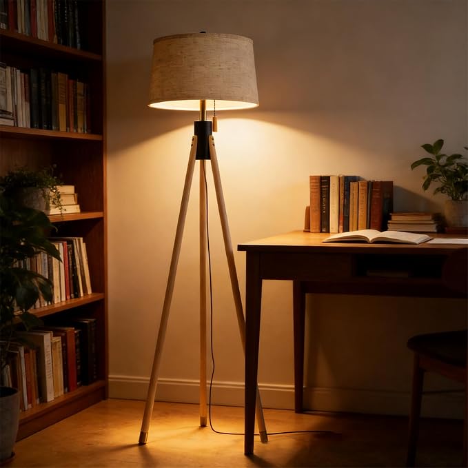 Mid Century Modern Tripod Floor Lamp, Gold Accented Two-Tone Solid Wood Floor Lamp with Black-Finished Solid Wood Center, Linen Shade & Pull Chain, Tall Lamp for Living Room Bedroom Reading Corner