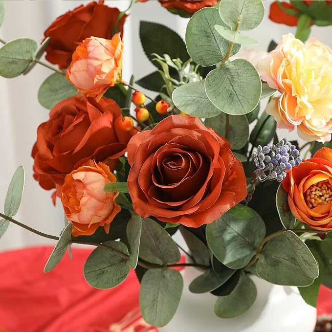 Veryhome 10pcs Artificial Rose Flower Bouquet Faux Rose with Stems for Wedding Arrangement, Bridal Bouquet, Centerpiece, Fake Faux Silk Flowers (Burnt Orange)