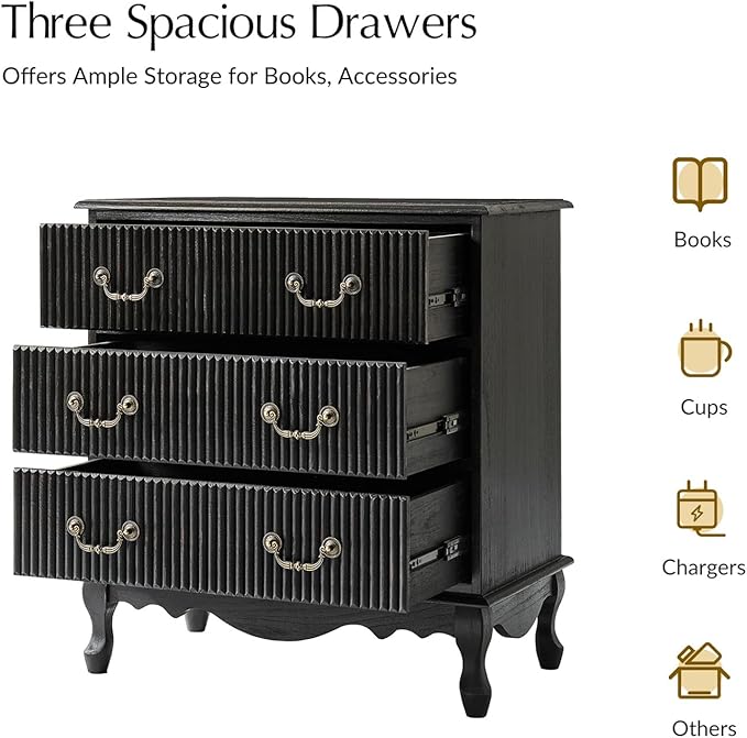 HULALA HOME Transitional Side Table Set of 2 with 3 Drawers and Charging Station, 28" Solid Paulownia Wood Sidetable with Vertical Stripe, Charcoal