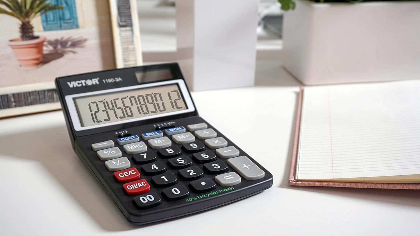 Victor 1180-3A 12-Digit Calculator - Battery & Solar Hybrid | Adjustable Angle LCD Display, Black