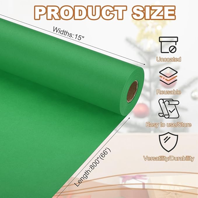 PATIKIL Wrapping Paper, 15" x 800"(66') 70 GSM Craft Paper Roll Kraft Packing Paper for Poster Bulletin Board, Gift Wrapping, Green