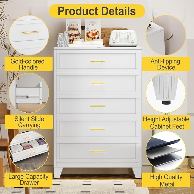 53.54" Tall Metal Dresser for Bedroom, 5 Drawer White Closet Dressers Chests, Modern Storage Organizer Unit, Large Storage Space Drawer Storage Cabinet for Living Room, Entryway, Hallway