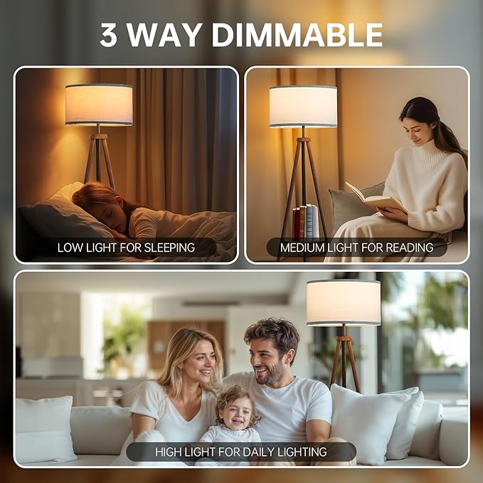 EOEYYOYB Floor Lamp with 3 Light Modes Adjustable– Wood Tripod Floor Lamp Modern LED Standing Lamps with Dimmable Brightness, Perfect for Living Room, Bedroom, and Office, Juglans Nigra