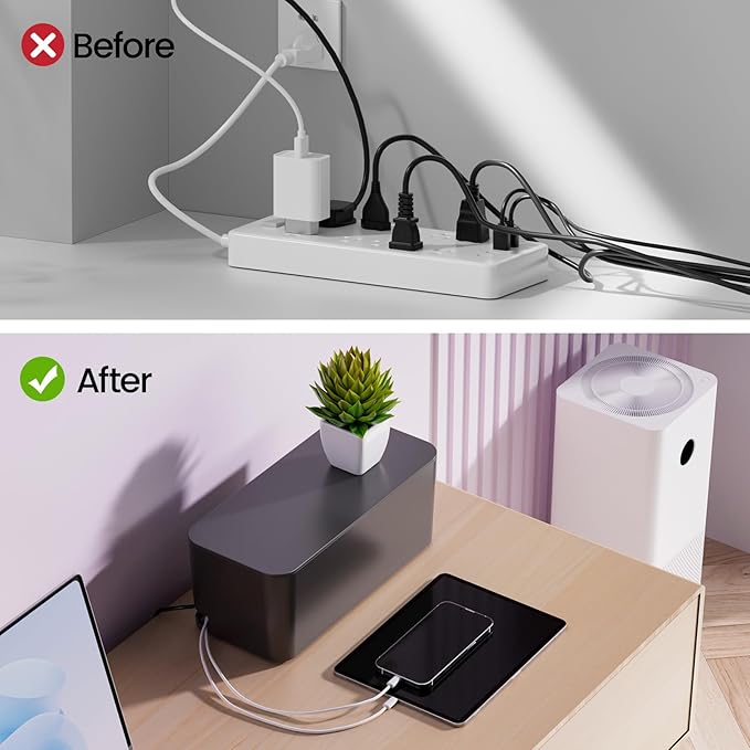 Delamu 2 Pack Cable Management Box, Stylish Black Cable Management, Pet & Child-Proof ABS Cord Box Hider, Medium and Small Cable Box for Computer WiFi Router Box Hider USB Hub, Floor Cord Covers