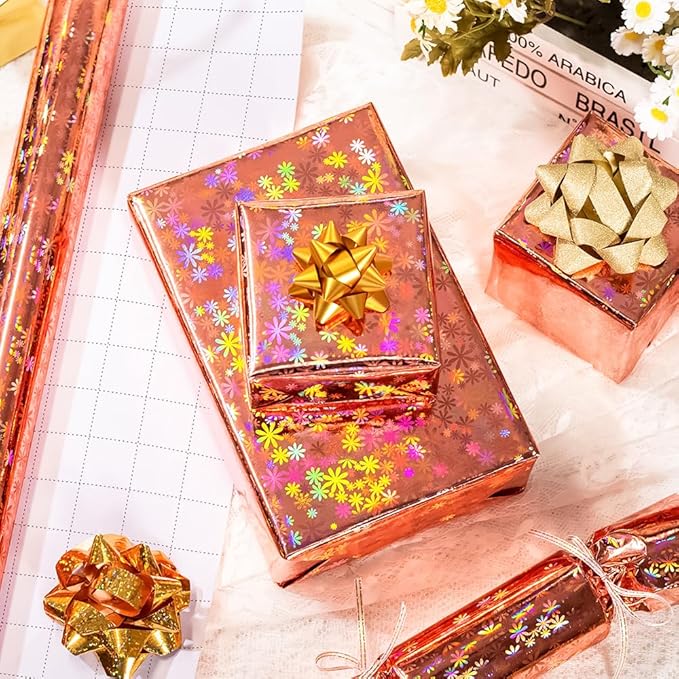 Yarcony Rose Gold Wrapping Paper Roll, Holographic Floral Gift Wrapping Paper - 17 Inch x 33 Feet - Shiny Iridescent Flower Design Thick Gift Wrap for Girl Birthday, Wedding, Mother's Day, Christmas