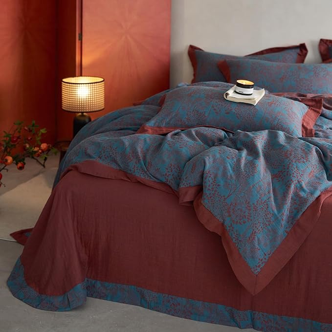 Jacquard Duvet Cover King Yarn-Dyed Cotton Blue Floral Duvet Cover Reversible Burgundy Red Tree Leaves Bedding Comforter Cover Vintage Country Bedding Cottagecore Botanical Duvet Cover Set King Size
