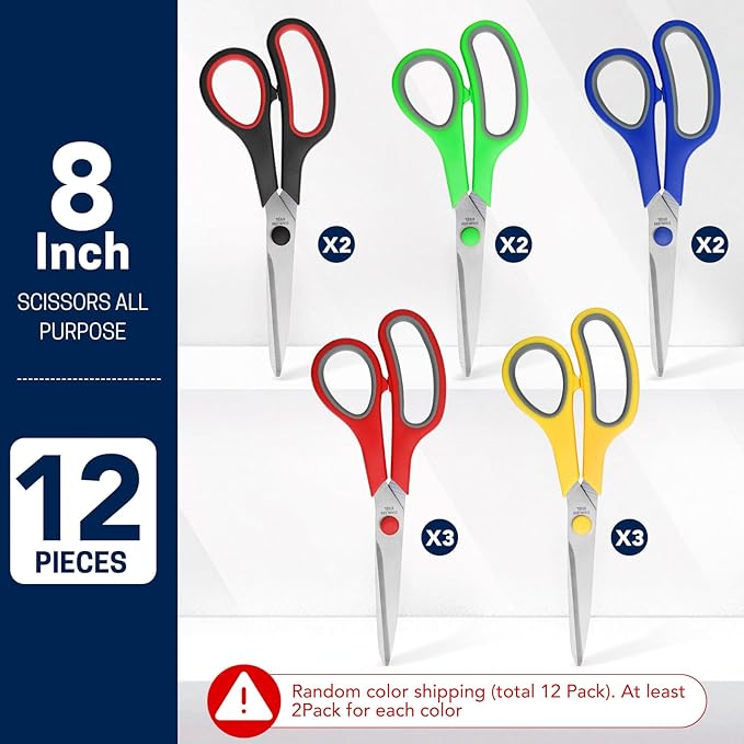 BURVAGY 8" 12 Pack All Purpose Heavy Duty Scissors- Comfort-Grip Sharp Scissors for Office School Sewing Fabric Craft High/Middle School Student Teacher Scissor, Right/Left Hand