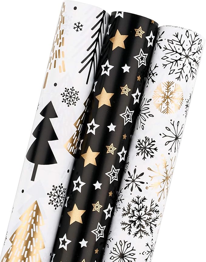 MAYPLUSS Wrapping Paper Roll - Mini Roll - 17 inch X 120 inch Per roll - 3 Different Christmas Black Gold Design (42.3 sq.ft.ttl)