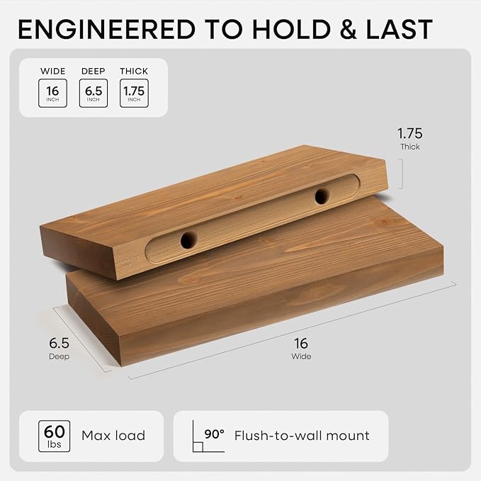 Homeforia 16 inch Golden Oak Floating Shelf, High End Solid Real Wood 16inch Small Floating Shelves for Wall Mounted, Oak Wooden 16in Floating Shelves, Heavy Duty Bracket, 16 X 6.5 X 1.75 in, Set of 2