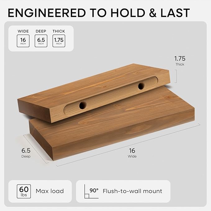 Homeforia 16 inch Golden Oak Floating Shelf, High End Solid Real Wood 16inch Small Floating Shelves for Wall Mounted, Oak Wooden 16in Floating Shelves, Heavy Duty Bracket, 16 X 6.5 X 1.75 in, Set of 4