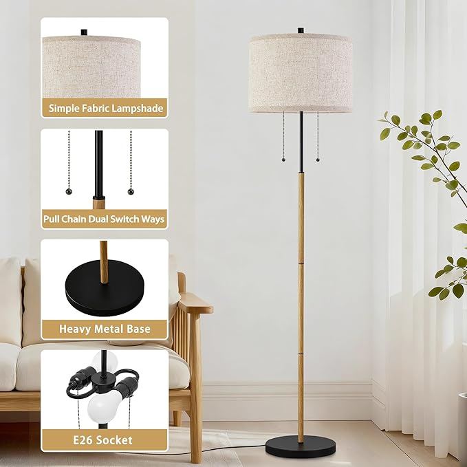 Luvkczc Floor Lamp, 62" Standing Lamp Tall Lamp with Fabric Lampshade&Pull Chain Corner Floor Lamps for Living Room, Bedroom,Office, Wood Grain 2 Bulb Socket
