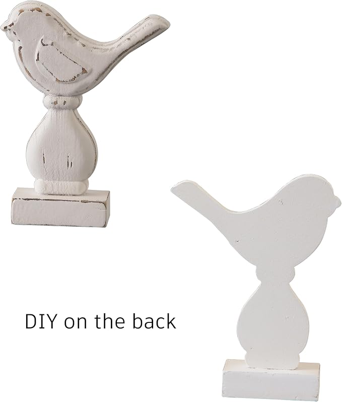 Farmhouse Small Bird Figurines Home Decor for Shelf 6 X 8 Inch, Handmade Distressed White Wooden Decorative Birds Statue Table Decorations for Foyer Dining Room Living Room Bedroom
