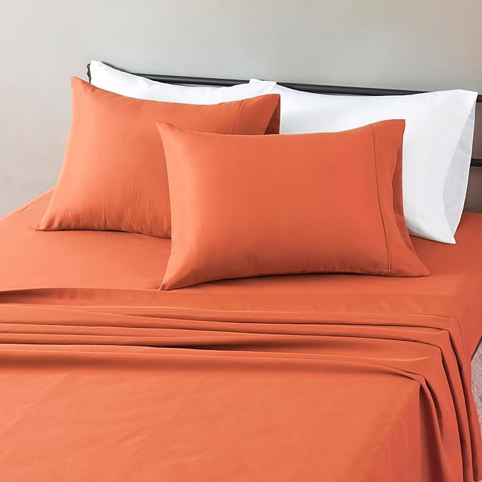 Amazon Basics Lightweight Microfiber 4-Piece Bed Sheet Set, Brick, Solid, Full