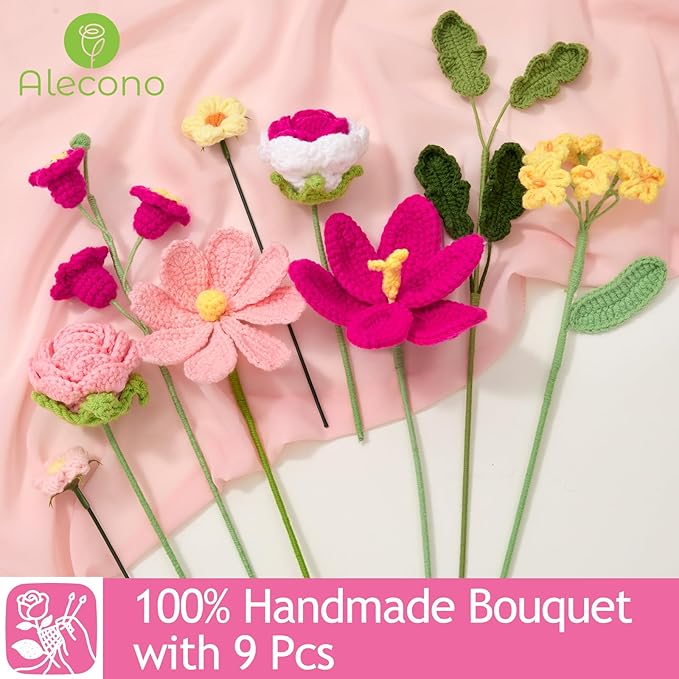 Alecono Crochet Flower Bouquet, Hot Pink Knitted Flowers, Crochet Tulips Flower for Lover Anniversary Birthday Party Mother's Day Graduation Gifts (Include Card)