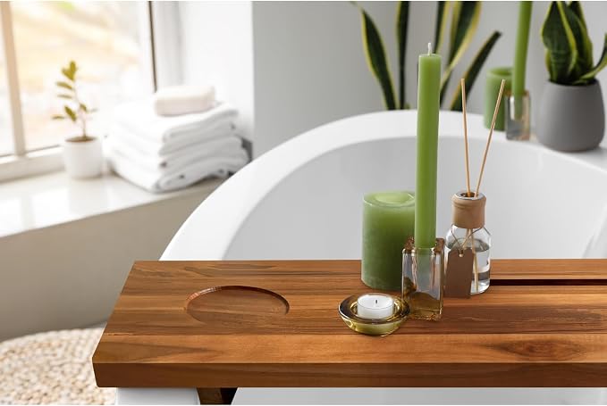 Bathtub Tray for Standard Tubs – 29" Adjustable Teak Wood Bath Caddy | Anti-Tip, Non-Toxic, Waterproof, Sustainable Bath Tray Organizer for Relaxing Spa & Home Use