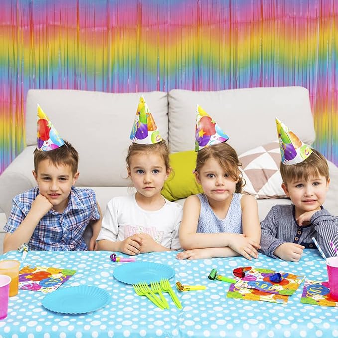 Pastel Rainbow Foil Fringe Curtains, 2Pcs 3.2x8.2ft Metallic Tinsel Foil Streamers Colourful Photo Booths Props Backdrop for Easter Princess Birthday Wedding Engagement Party Decorations