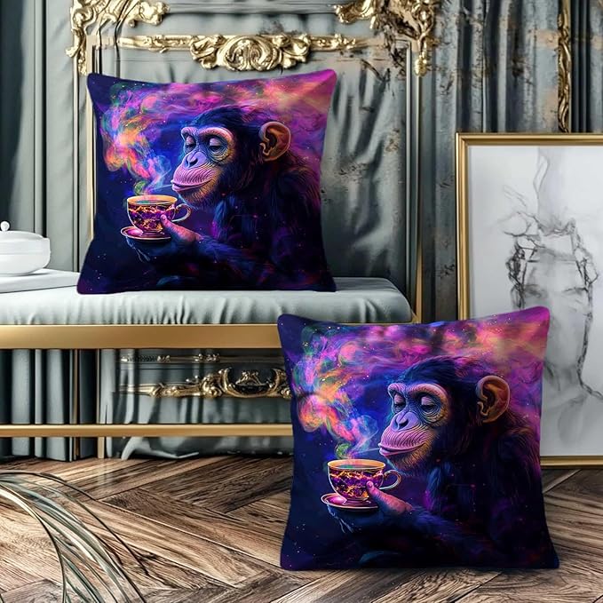Trippy Monkey Throw Pillow Covers Set of 2 | Hippie Decorative Square Cushion Cases for Sofa, Bed and Living Room | 18x18 Inches | Fun Pillowcases for Home Decor